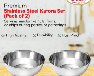 JAGGERY Stainless Steel 600ml Katora Set, Big Bowl Rust Proof, Useful as Mixing Bowl or Serving Donga (15 cm Diameter, Pack of 6)