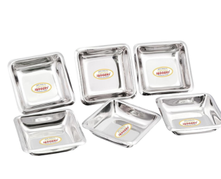 JAGGERY Stainless Steel Premium Small Square Chutney & Sauce Bowls, Katori, Sauce, Dip, Ketchup Bowls, Pack of 6 Pcs, Ice Cream & Dessert Plate, Mirror Finished (9 cm Diamete)