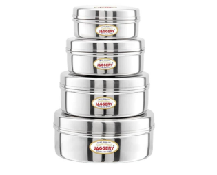 JAGGERY® Stainless Steel Flat Lid Puri Dabba, Jars & Containers for Kitchen Use (Dia 14 Cm,13 Cm,11 Cm & 9.4 Cm)