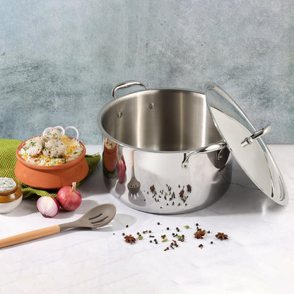 Vinod Platinum Triply Stainless Steel Biryani/Sauce Pot with Lid - 11 Liters, 30 cm | Heavy Bottom | Multipurpose Cooking Pot | Riveted Handles | Induction & Gas Compatible