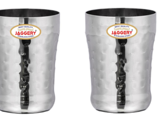 JAGGERY® Stainless Steel Drinking Serving Water Milk Juice Glass Glasses Set, 350 ml (Hammered-eco, Pack of 2)