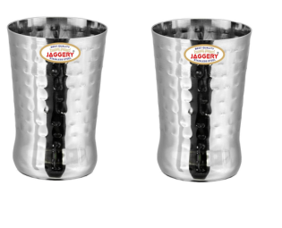 JAGGERY® Stainless Steel Drinking Serving Water Milk Juice Glass Glasses Set, 350 ml (Hammered-spice, Pack of 2)