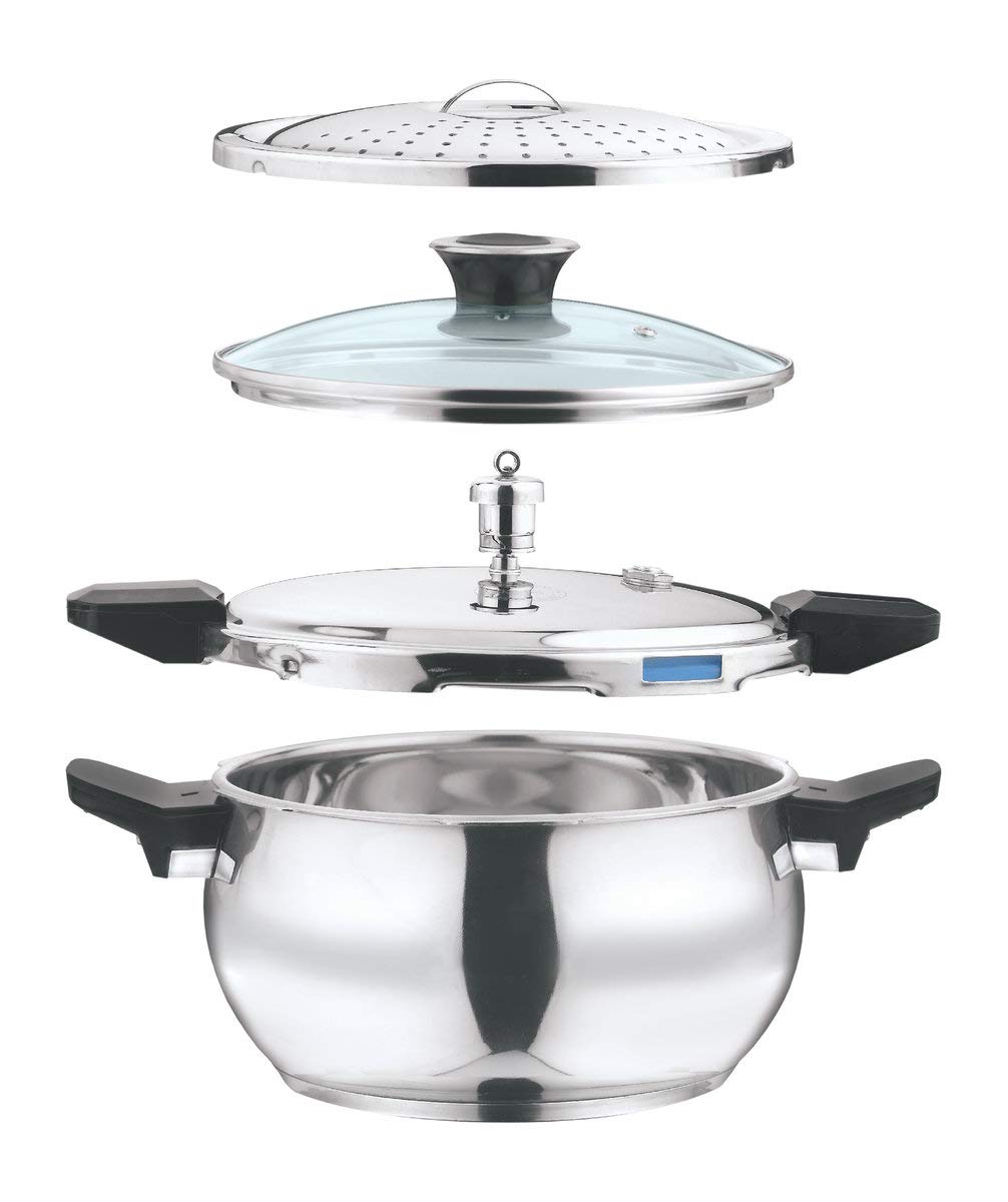 Vinod 18/8 Stainless Steel Outer Lid Magic Pressure Cooker - 3.5 Litre with Pressure Cooker Lid, Straining Lid and Glass Lid (Induction and Gas Stove Friendly), Silver - 2 Years Warranty