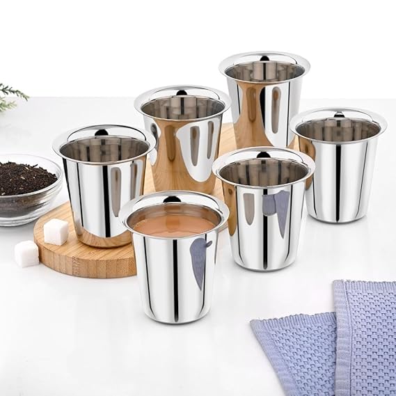 Vinod Stainless Steel Rampatra Glass, 200 ml Capacity, Set of 6 Glass, Ideal for Serving Tea & Coffee