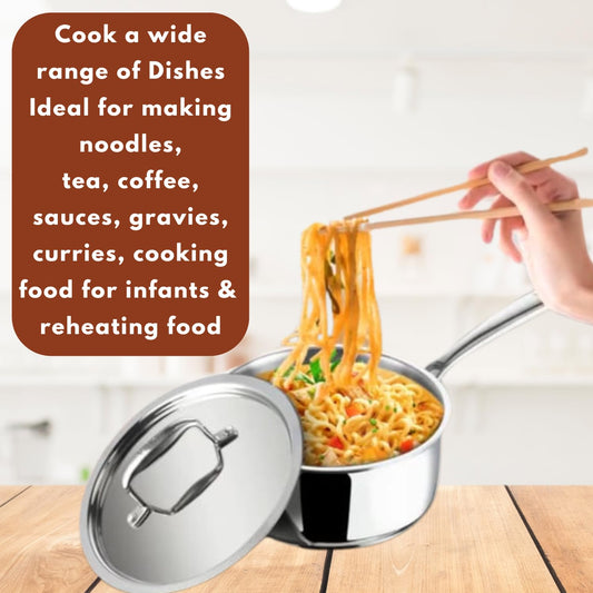 Vinod Platinum Triply Stainless Steel Saucepan with Lid - 2.2 litres (18 cm) | 2.5 mm Thick | Tea, Chai Pan | 5 Year Warranty | Induction & Gas Friendly, Heavy Bottom - Silver