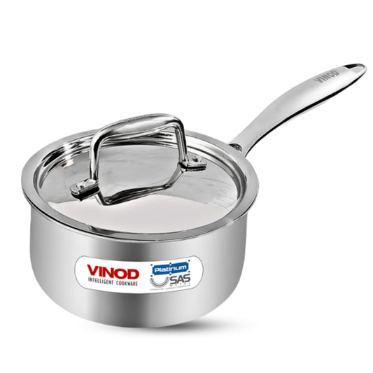 Vinod Platinum Triply Stainless Steel Saucepan with Stainless Steel Lid 3 litres Capacity (20 cm Diameter) with Riveted Handle - Silver (Induction and Gas Stove Friendly)