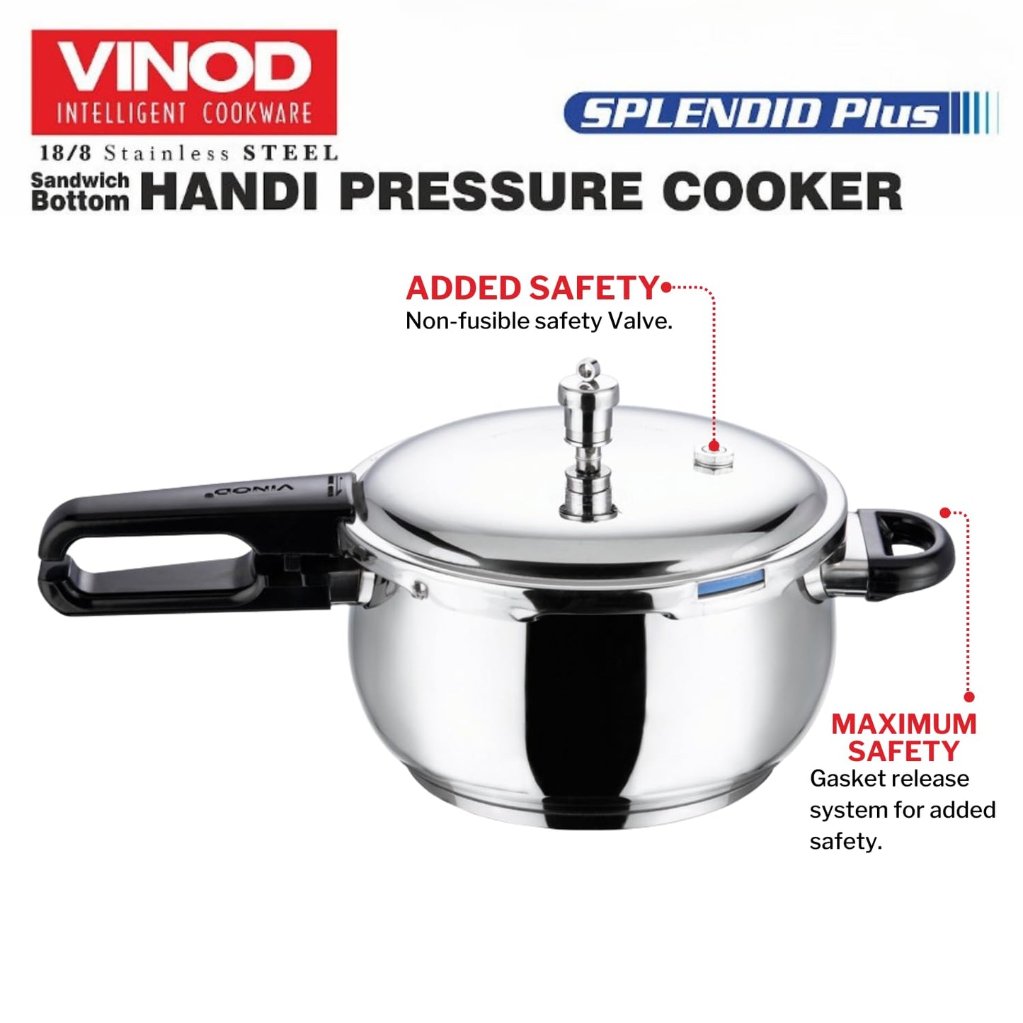 Vinod Splendid Plus Stainless Steel Outer Lid Pressure Cooker 3.5 Litre | Handi Cooker with SAS Bottom & Extra Glass Lid | Induction & Gas Compatible | ISI & CE Certified | 2 Year Warranty