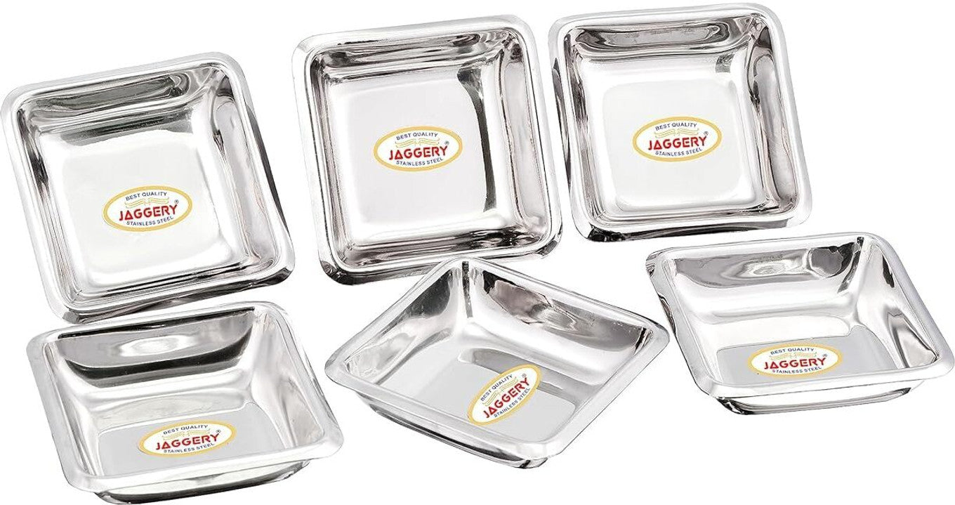 JAGGERY Stainless Steel Small Square Chutney Bowl, Pack of 6 pcs for Dip, Sauce and Sweet