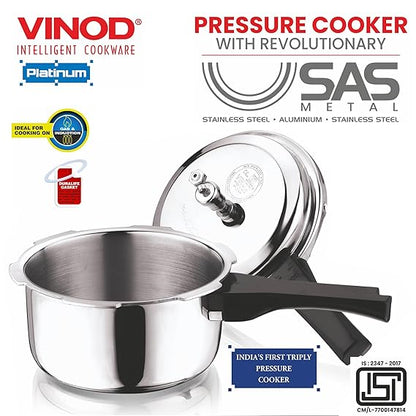 Vinod Platinum Stainless Steel Triply Cooker ( 3 L, Outer Lid), 3 Liter